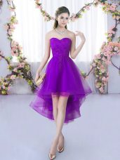 Exquisite Sleeveless Tulle High Low Lace Up Quinceanera Dama Dress in Eggplant Purple with Lace