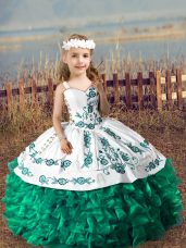 Dark Green Lace Up Straps Embroidery and Ruffles Little Girl Pageant Dress Organza Sleeveless