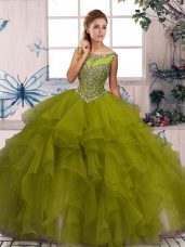 Extravagant Olive Green Scoop Neckline Beading and Ruffles Quinceanera Gowns Sleeveless Zipper