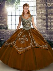 Straps Sleeveless Lace Up Quinceanera Gown Brown Tulle