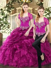 Fuchsia Lace Up Sweetheart Beading and Ruffles and Pick Ups Sweet 16 Dress Organza Sleeveless