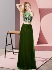 Fine Olive Green Two Pieces Scoop Sleeveless Chiffon Floor Length Backless Beading Celeb Inspired Gowns