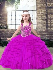Hot Sale Floor Length Fuchsia Girls Pageant Dresses Straps Sleeveless Lace Up