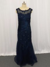 Sleeveless Floor Length Lace and Appliques Zipper Prom Evening Gown with Navy Blue