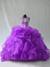 Scoop Sleeveless Quinceanera Dress Floor Length Beading and Ruffles Purple Organza