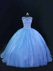 Ball Gowns Quinceanera Dress Blue Scoop Tulle and Sequined Sleeveless Lace Up