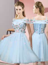 Knee Length Light Blue Wedding Party Dress Tulle Short Sleeves Appliques