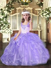 Luxurious Ball Gowns Child Pageant Dress Lavender Straps Organza Sleeveless Floor Length Lace Up