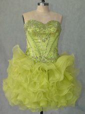 Top Selling Yellow Green Ball Gowns Sweetheart Sleeveless Organza Mini Length Lace Up Beading and Ruffles Prom Gown