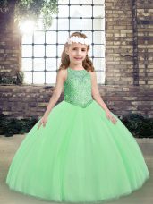 Customized Ball Gowns Tulle Scoop Sleeveless Beading Floor Length Lace Up Pageant Dress Toddler