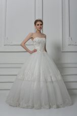 Floor Length White Wedding Gown Strapless Sleeveless Lace Up