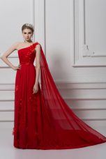 Chiffon and Tulle One Shoulder Sleeveless Watteau Train Lace Up Ruching and Hand Made Flower Evening Dress in Red