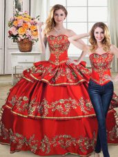 Pretty Red Sweet 16 Dress Sweet 16 and Quinceanera with Embroidery and Ruffled Layers Sweetheart Sleeveless Lace Up
