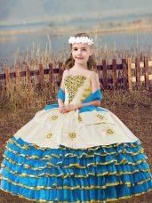 Most Popular Floor Length Lace Up Little Girl Pageant Dress Baby Blue for Wedding Party with Beading and Embroidery and Ruffled Layers