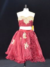 Superior Mini Length Wine Red High School Pageant Dress Organza Sleeveless Appliques and Ruffles