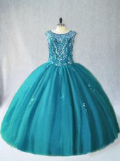 Eye-catching Teal Ball Gowns Scoop Sleeveless Tulle Floor Length Lace Up Beading Ball Gown Prom Dress