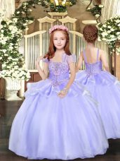 Floor Length Lavender Girls Pageant Dresses Organza Sleeveless Beading