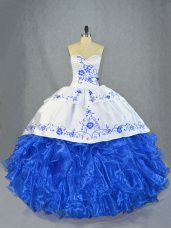 Blue And White Lace Up Sweetheart Beading and Embroidery and Ruffles Sweet 16 Dress Organza Sleeveless Brush Train