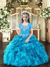 Exquisite Floor Length Lace Up Pageant Dress for Girls Baby Blue for Party and Wedding Party with Beading and Ruffles