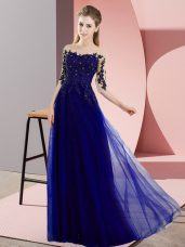 Half Sleeves Chiffon Floor Length Lace Up Bridesmaids Dress in Blue with Beading and Lace