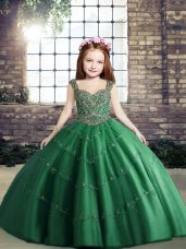 Dark Green Ball Gowns Straps Sleeveless Tulle Floor Length Lace Up Beading Pageant Dress for Womens