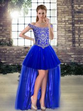 Sleeveless Tulle High Low Lace Up Pageant Dresses in Royal Blue with Beading and Appliques