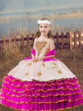 Trendy Sleeveless Floor Length Beading and Embroidery and Ruffled Layers Lace Up Pageant Gowns For Girls with Fuchsia