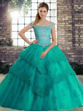Turquoise Sleeveless Tulle Brush Train Lace Up Sweet 16 Quinceanera Dress for Military Ball and Sweet 16 and Quinceanera