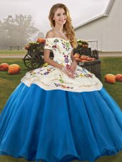 Fantastic Ball Gowns Ball Gown Prom Dress Blue And White Off The Shoulder Tulle Sleeveless Floor Length Lace Up