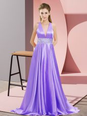 Top Selling V-neck Sleeveless Brush Train Backless Evening Dresses Lavender Elastic Woven Satin