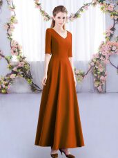 Half Sleeves Ankle Length Ruching Zipper Damas Dress with Rust Red