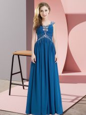 High Class Blue Straps Neckline Beading Evening Dress Cap Sleeves Lace Up