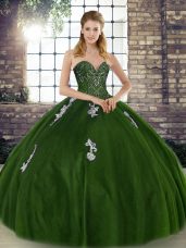 Affordable Sleeveless Tulle Floor Length Lace Up Vestidos de Quinceanera in Olive Green with Beading and Appliques