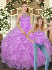 Custom Fit Lilac Lace Up Halter Top Beading and Ruffles Ball Gown Prom Dress Tulle Sleeveless