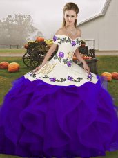 Floor Length Lace Up Sweet 16 Quinceanera Dress White And Purple for Military Ball and Sweet 16 and Quinceanera with Embroidery and Ruffles