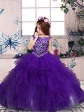 Gorgeous Scoop Sleeveless Pageant Dress for Girls Floor Length Beading and Ruffles Purple Organza