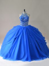 Beading Ball Gown Prom Dress Royal Blue Lace Up Sleeveless Floor Length
