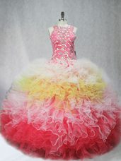 Dynamic Sleeveless Floor Length Beading and Ruffles Zipper 15th Birthday Dress with Multi-color