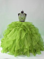 Glittering Scoop Sleeveless Brush Train Backless Quince Ball Gowns Green Organza