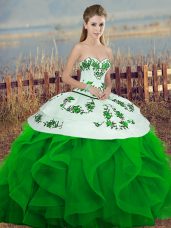 Green Tulle Lace Up Sweetheart Sleeveless Floor Length 15 Quinceanera Dress Embroidery and Ruffles and Bowknot