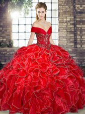 Pretty Sleeveless Floor Length Beading and Ruffles Lace Up Quinceanera Dress with Red