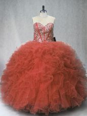 Glamorous Rust Red Ball Gowns Sweetheart Sleeveless Tulle Floor Length Lace Up Beading and Ruffles Quinceanera Dresses