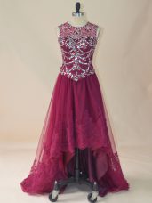 Beautiful Sleeveless High Low Beading and Lace Lace Up Prom Party Dress with Burgundy