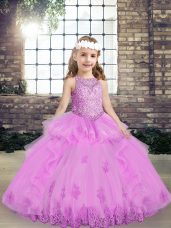 Cute Sleeveless Floor Length Lace and Appliques Lace Up Little Girl Pageant Gowns with Lilac