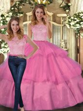 Unique Hot Pink Two Pieces Tulle Scoop Sleeveless Lace and Ruffled Layers Floor Length Lace Up Sweet 16 Dress