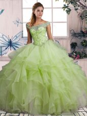 On Sale Yellow Green Ball Gowns Beading and Ruffles Ball Gown Prom Dress Lace Up Organza Sleeveless Floor Length