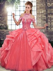 Ball Gowns Vestidos de Quinceanera Watermelon Red Halter Top Organza Sleeveless Floor Length Lace Up