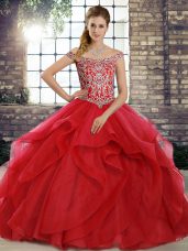 Red Ball Gowns Off The Shoulder Sleeveless Tulle Brush Train Lace Up Beading and Ruffles Sweet 16 Quinceanera Dress