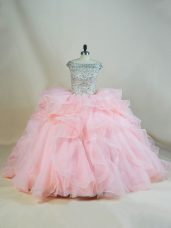 Traditional Ball Gowns Sleeveless Pink 15 Quinceanera Dress Brush Train Lace Up