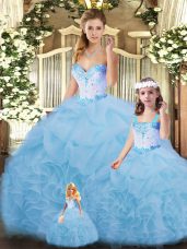 Noble Sleeveless Organza Floor Length Lace Up Quinceanera Gown in Blue with Beading and Ruffles